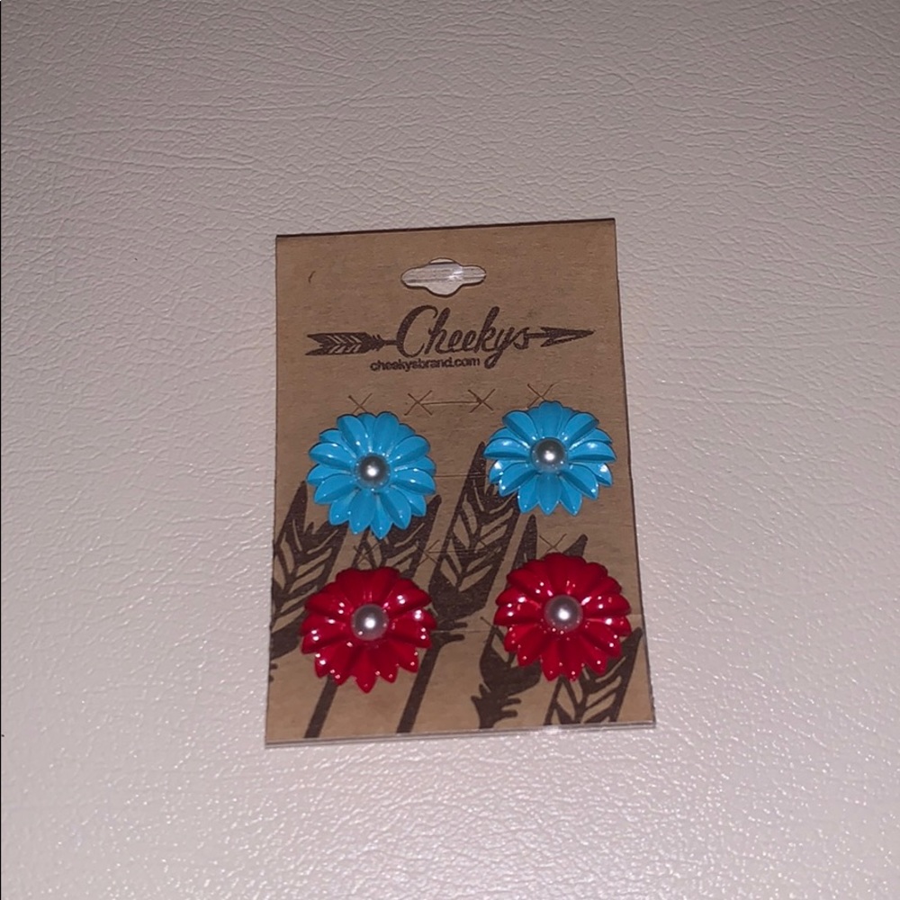 Blue and red flower stud earrings